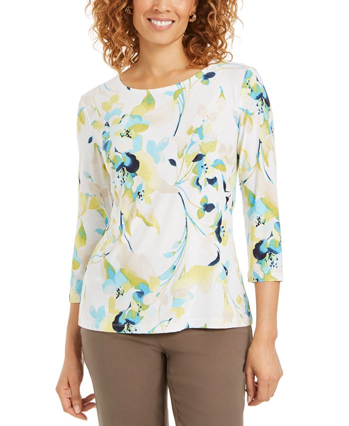 JM Collection Women's Printed 3/4 Sleeve Jacquard Top Green Size Small