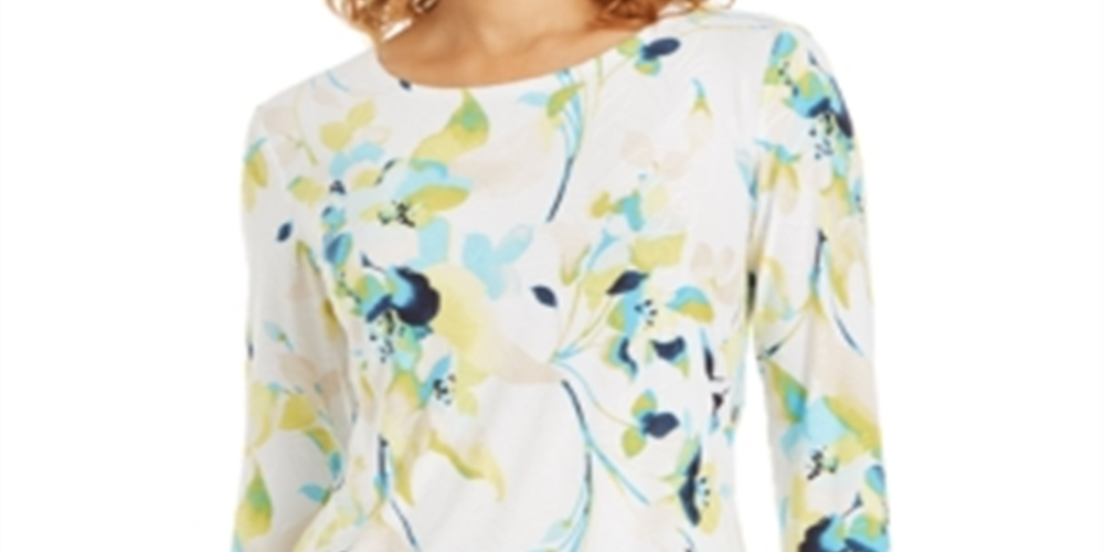 JM Collection Women's Printed 3/4 Sleeve Jacquard Top Green Size Small