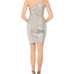 Xscape Women's Sequined Sleeveless Asymmetrical Neckline Short Body Con Party Dress Beige Size 6