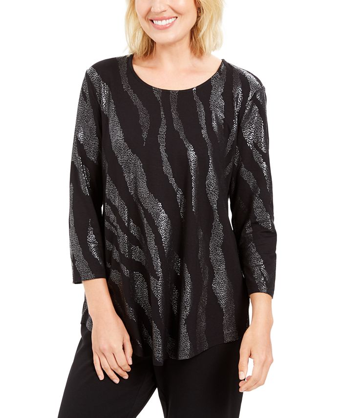 JM Collection Women's Metallic Print Top Black Size Petite Small