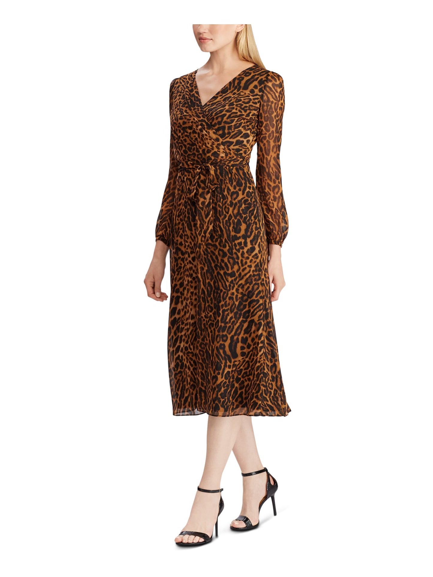 Ralph Lauren Women's Animal Print Long Sleeve V Neck Tea Length Faux Wrap Dress Brown Size 2