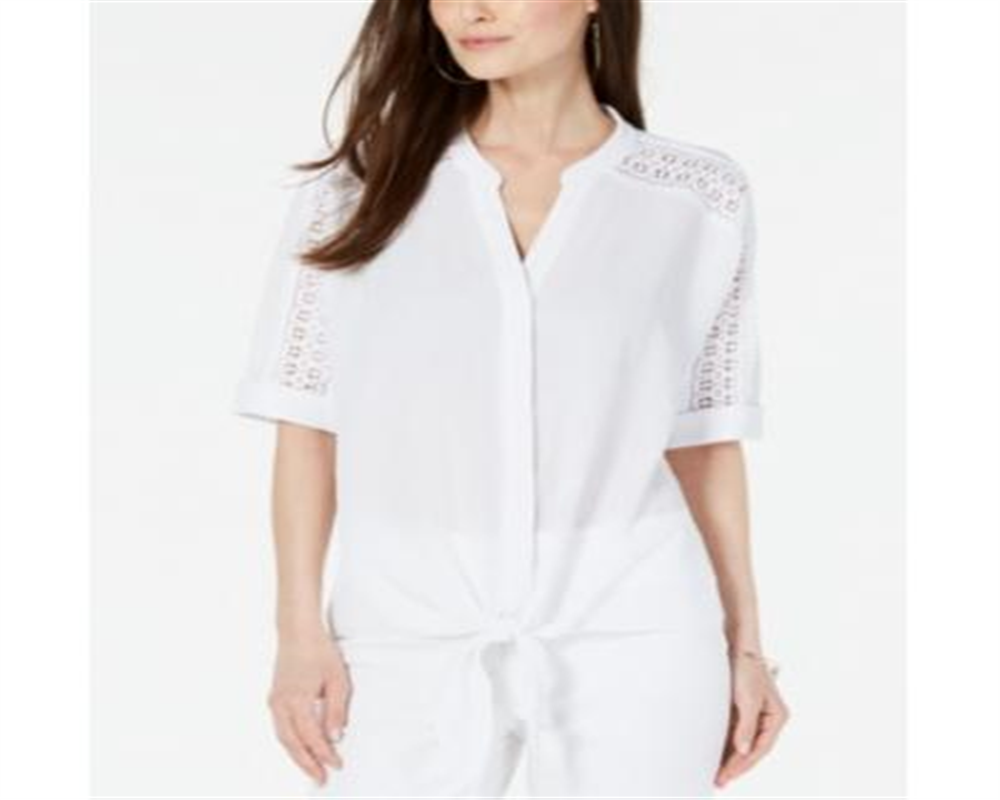 Alfani Women's Lace Inset Tie Front Top White Size Petite S