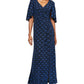Alex Evenings Women's Glitter Short Sleeve V Neck Maxi Sheath Evening Dress Blue Size 14