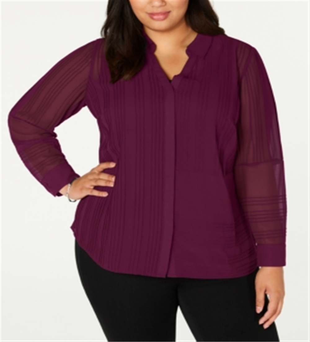Alfani Women's Plus Sheer Pintuck Button Down Top Red Size 0X
