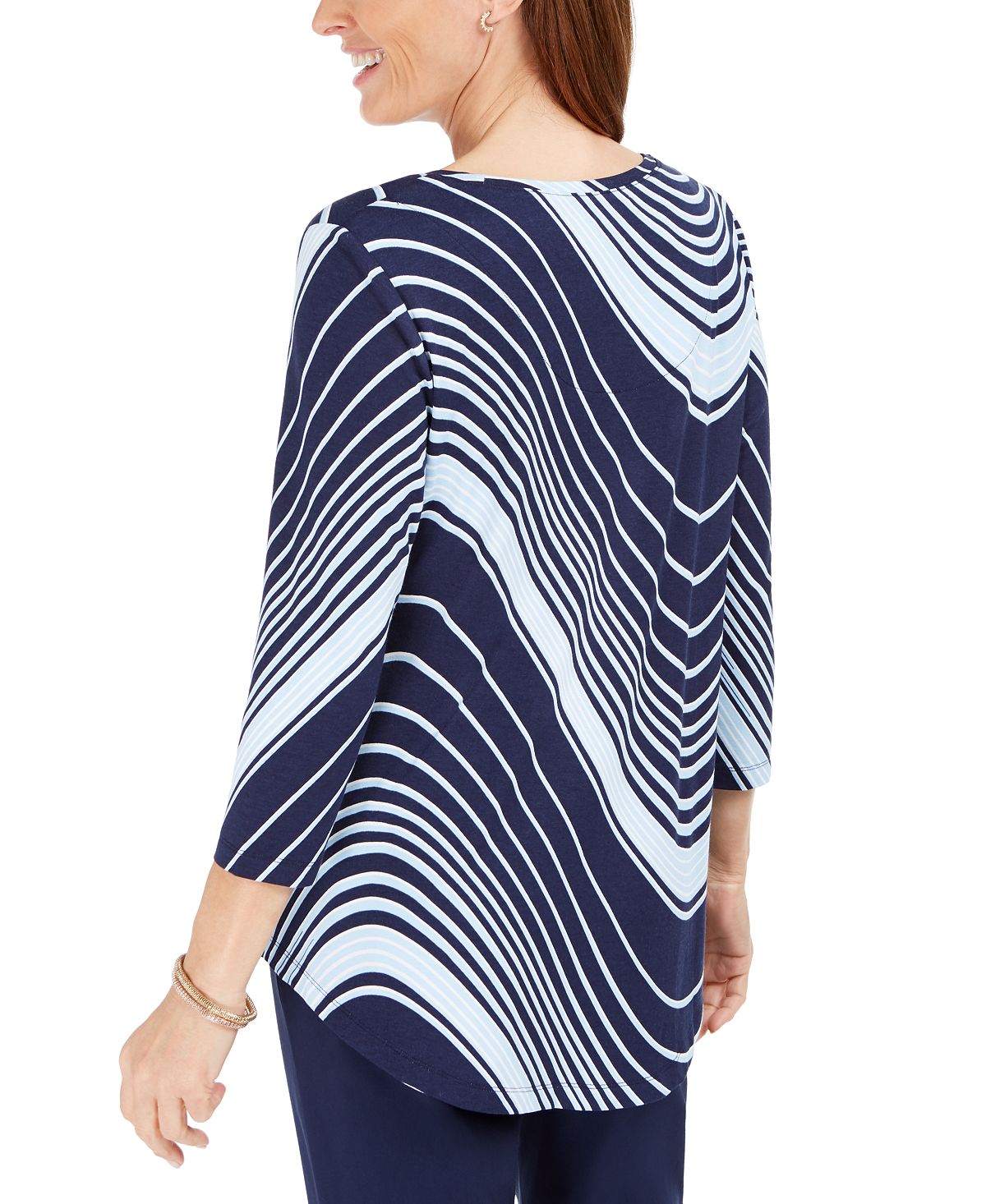 JM Collection Women's Swirl Print 3/4 Sleeve T-Shirt Blue Size X-Small