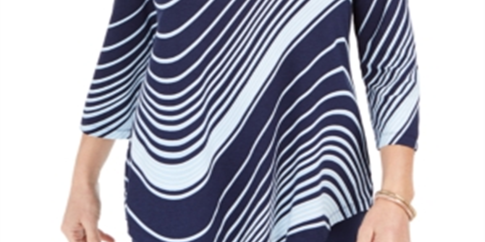 JM Collection Women's Swirl Print 3/4 Sleeve T-Shirt Blue Size X-Small