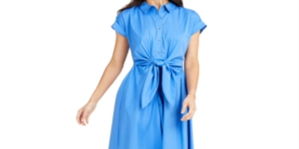 Charter Club Women's Cotton Tie Waist Fit & Flare Dress Blue Size 16