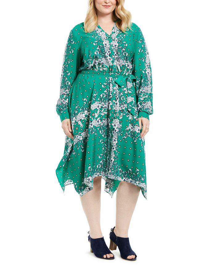 Charter Club Women's Plus Mixed Print Handkerchief Hem Dress Green Size 2X