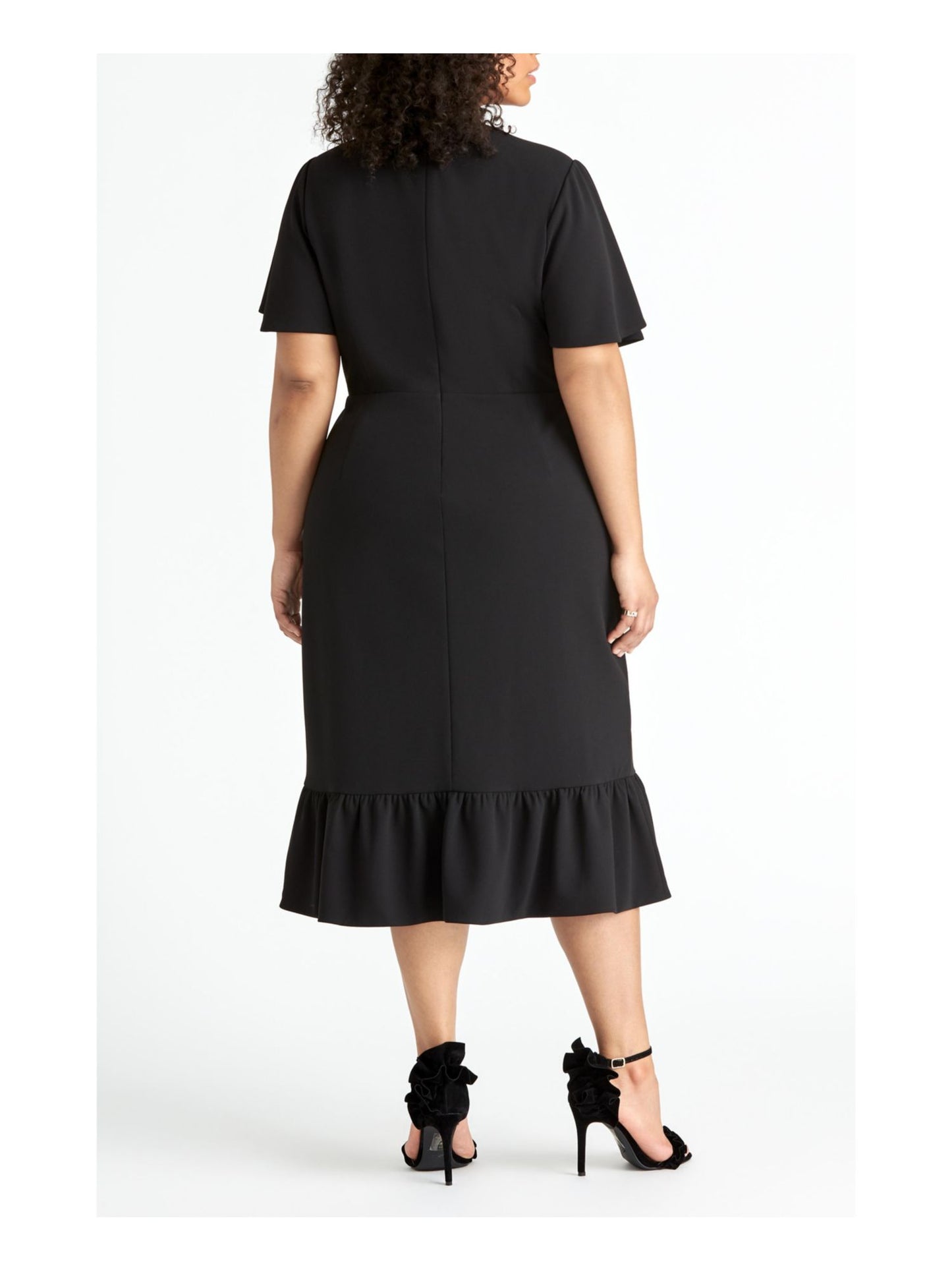 Rachel Roy Women's Ruffled Short Sleeve V Neck Tea Length Faux Wrap Wear to Work Dress Black Size 16W