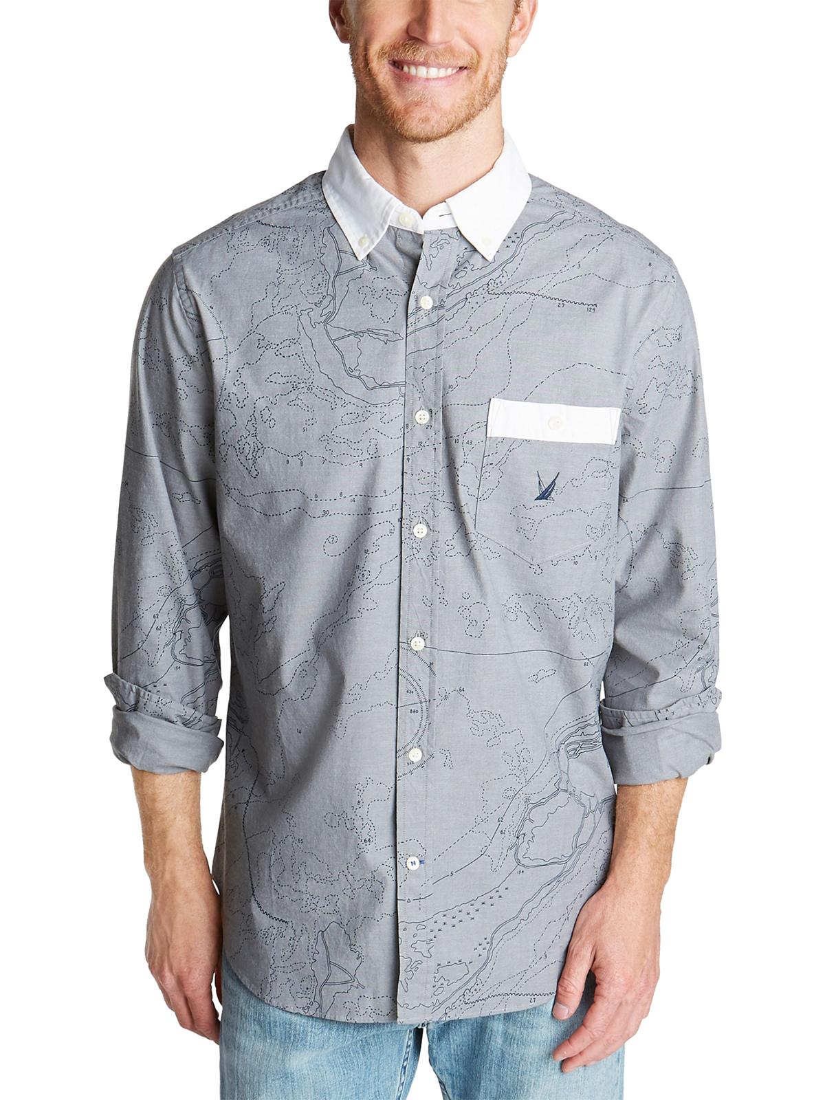 Nautica Men's Oxford Map Print Casual Shirt Gray Size Large