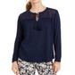 Charter Club Women's Tassel Tie Eyelet Linen Top Blue Size Small