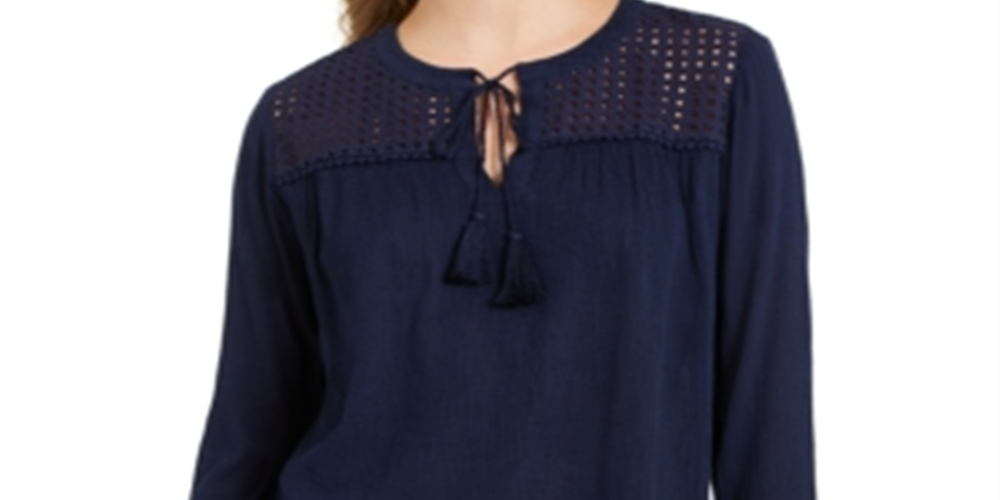 Charter Club Women's Tassel Tie Eyelet Linen Top Blue Size Small