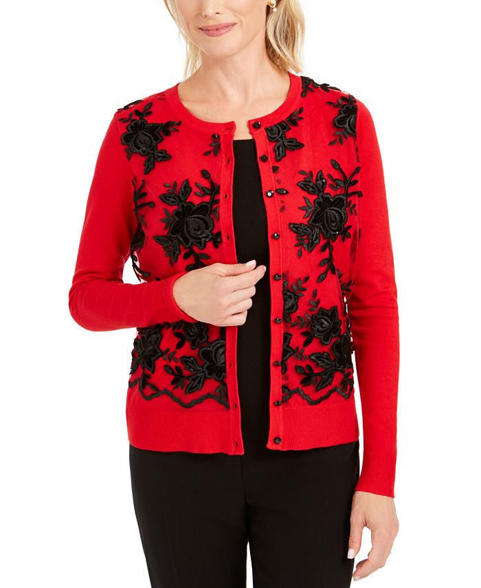 Charter Club Women's Sequined Button Sweater Red Size X-Small