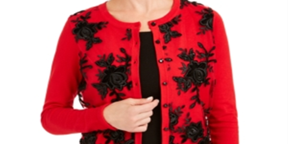 Charter Club Women's Sequined Button Sweater Red Size X-Small