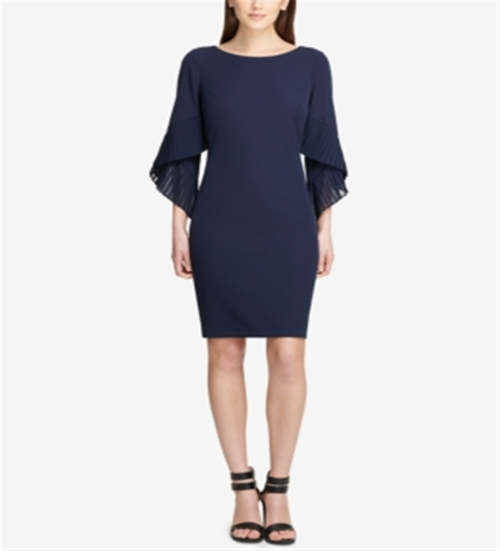 DKNY महिलाओं की प्लीटेड बेल स्लीव शीथ ड्रेस, नीला, साइज़ 10
