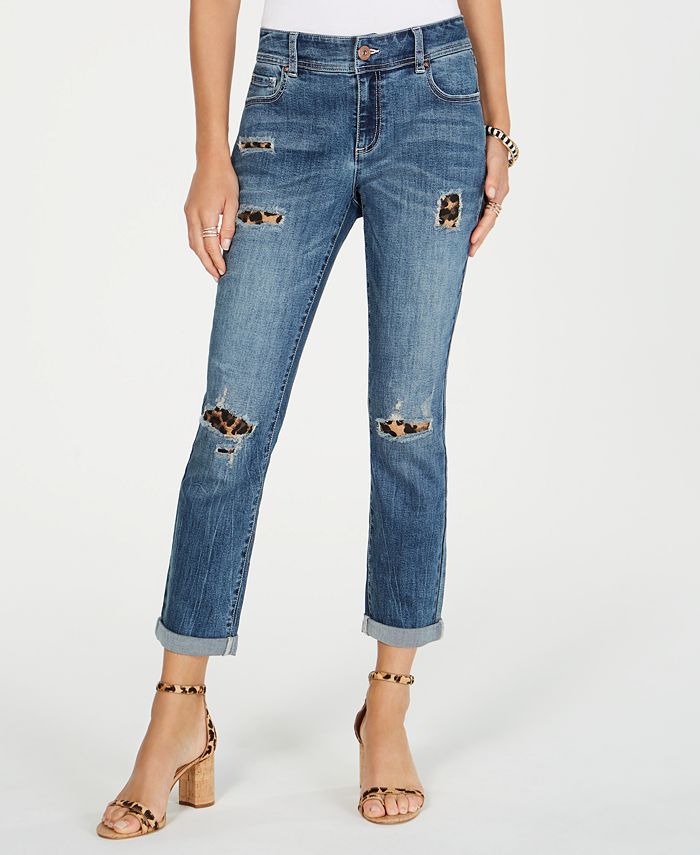 INC International Concepts Women's Destructed Animal Print Curvy Fit Boyfriend Jeans Blue Size 0