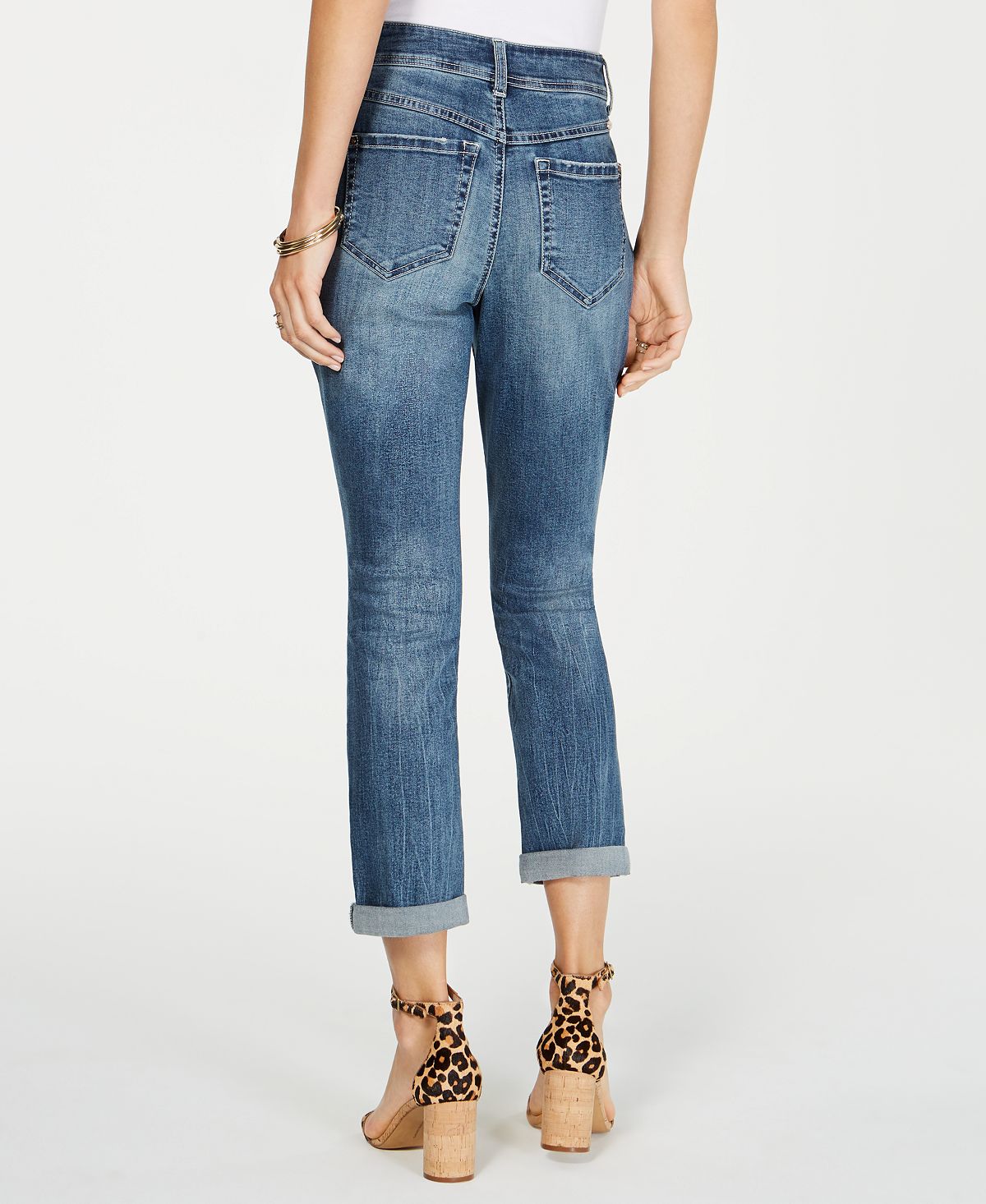 INC International Concepts Women's Destructed Animal Print Curvy Fit Boyfriend Jeans Blue Size 0