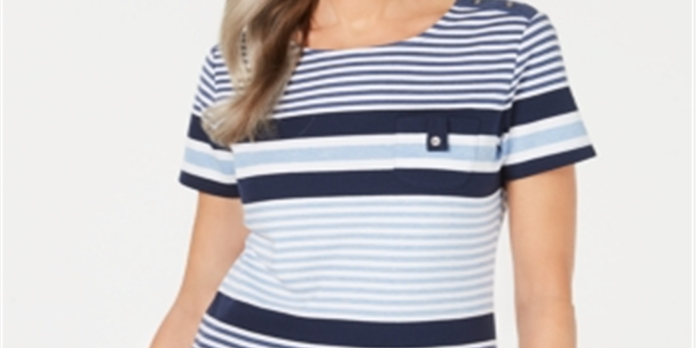 Karen Scott Women's Sport Danielle Striped Scoop Neck Top Blue Size Medium