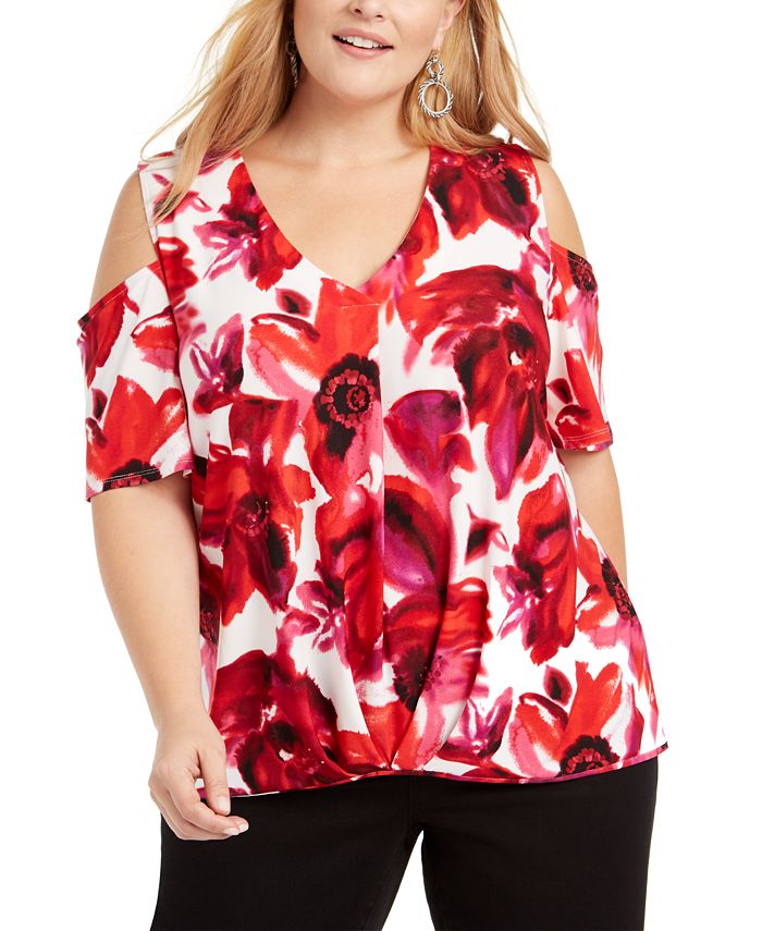 INC International Concepts Women's Printed Cold Shoulder Top White Size 1X