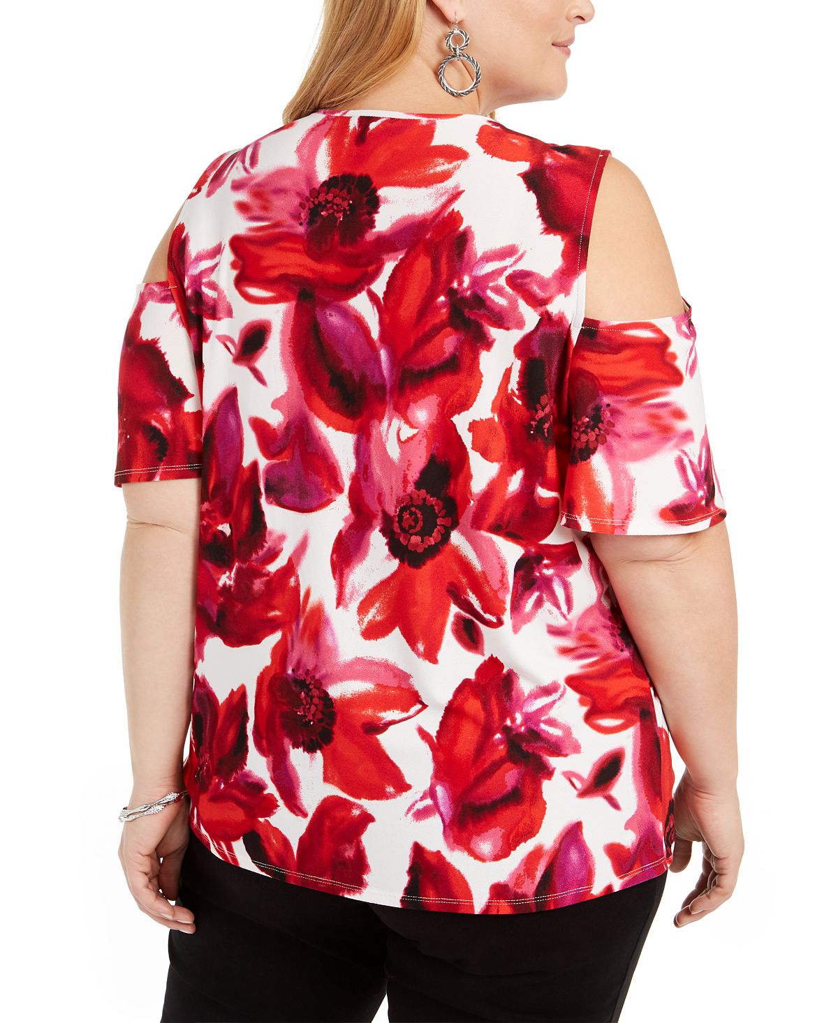 INC International Concepts Women's Printed Cold Shoulder Top White Size 1X