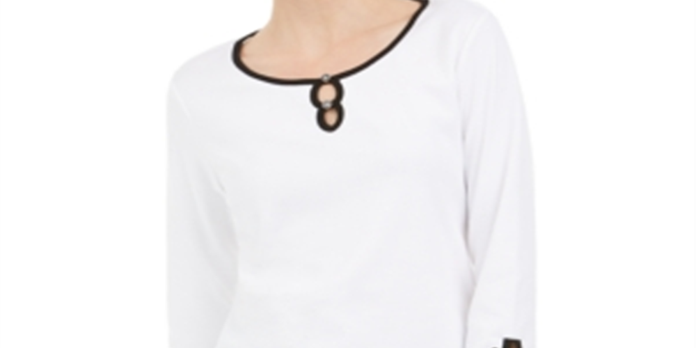 Karen Scott Women's Contrast Trim Cotton Top White Size Large