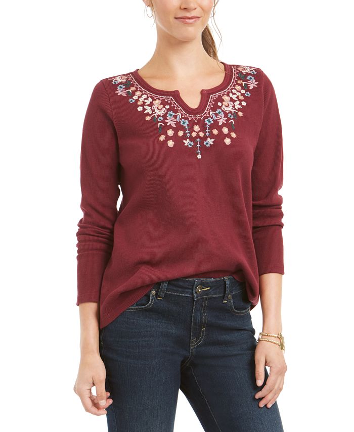 Style & Co Women's Embroidered Split Neck Cotton Thermal Top Brown Size XX-Large