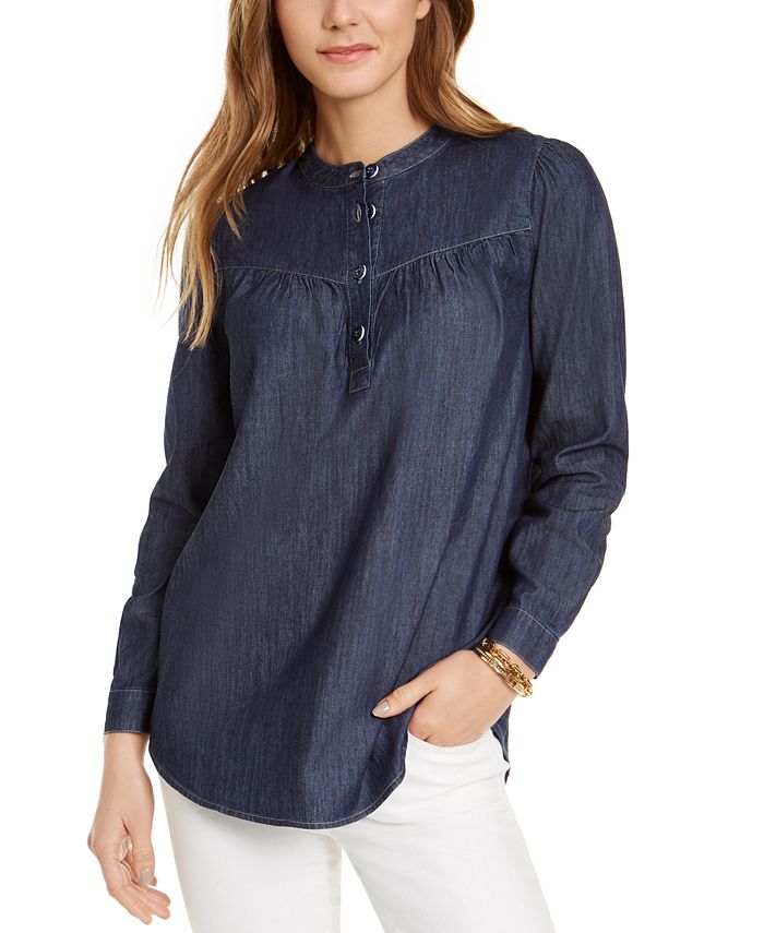 Tommy Hilfiger Women's Band Collar Top Blue Size Large