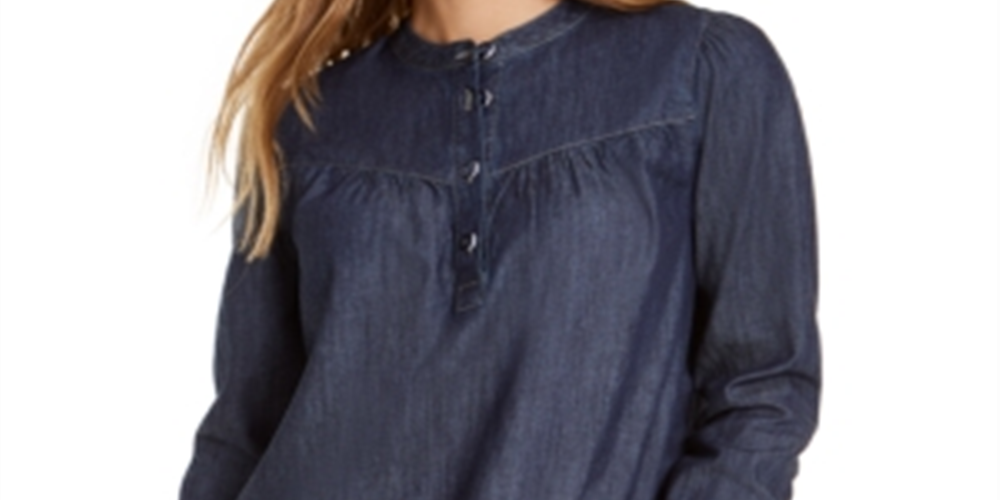 Tommy Hilfiger Women's Band Collar Top Blue Size Large