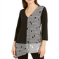 Alfani Women's Patterned 3/4 Sleeve V Neck Top Black Size Large