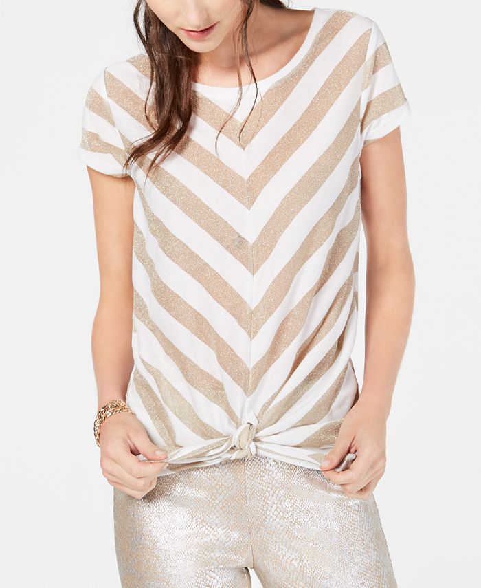 INC International Concepts Women's Metallic Stripe Tie Front Top White Size Petite S