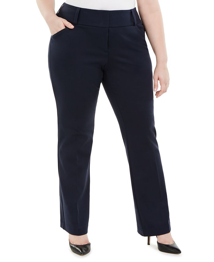 Alfani Women's Tummy Control Faux Leather Trim Trousers Blue Size Petite Small
