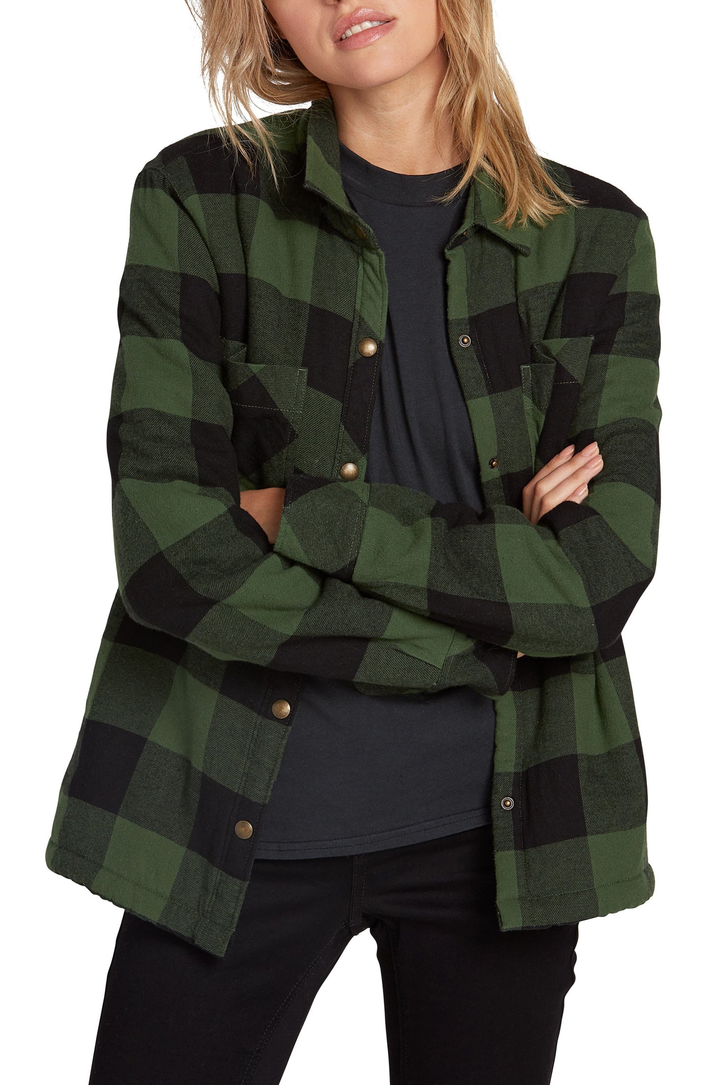 Volcom Women's Plaid About You Long Sleeve Shirt Green Size Large