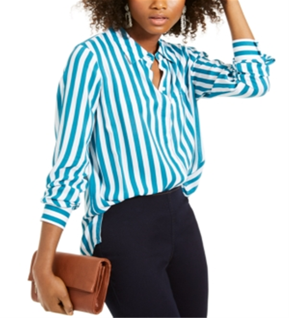 INC International Concepts Women's Striped Button Down Shirt Blue Size Large