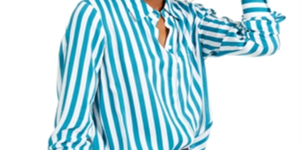 INC International Concepts Women's Striped Button Down Shirt Blue Size Large