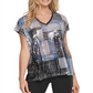 DKNY Women's Sequined Short Sleeve V Neck Blouse Blue Size Small