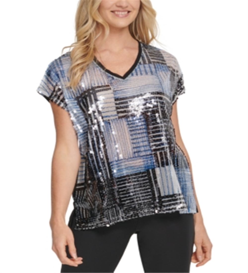 DKNY Women's Sequined Short Sleeve V Neck Blouse Blue Size Small