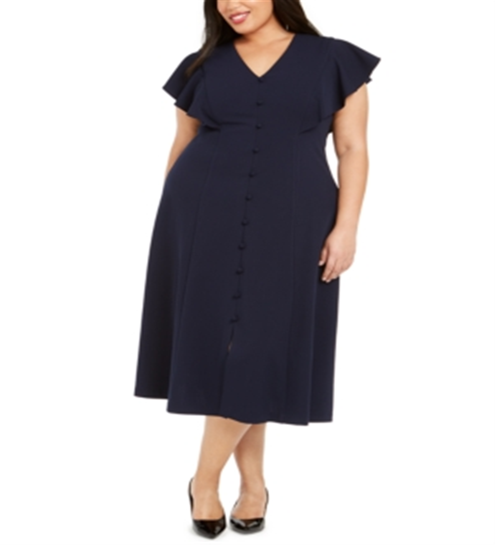 Calvin Klein Women's Plus Button Trim a Line Dress Blue Size 16 W