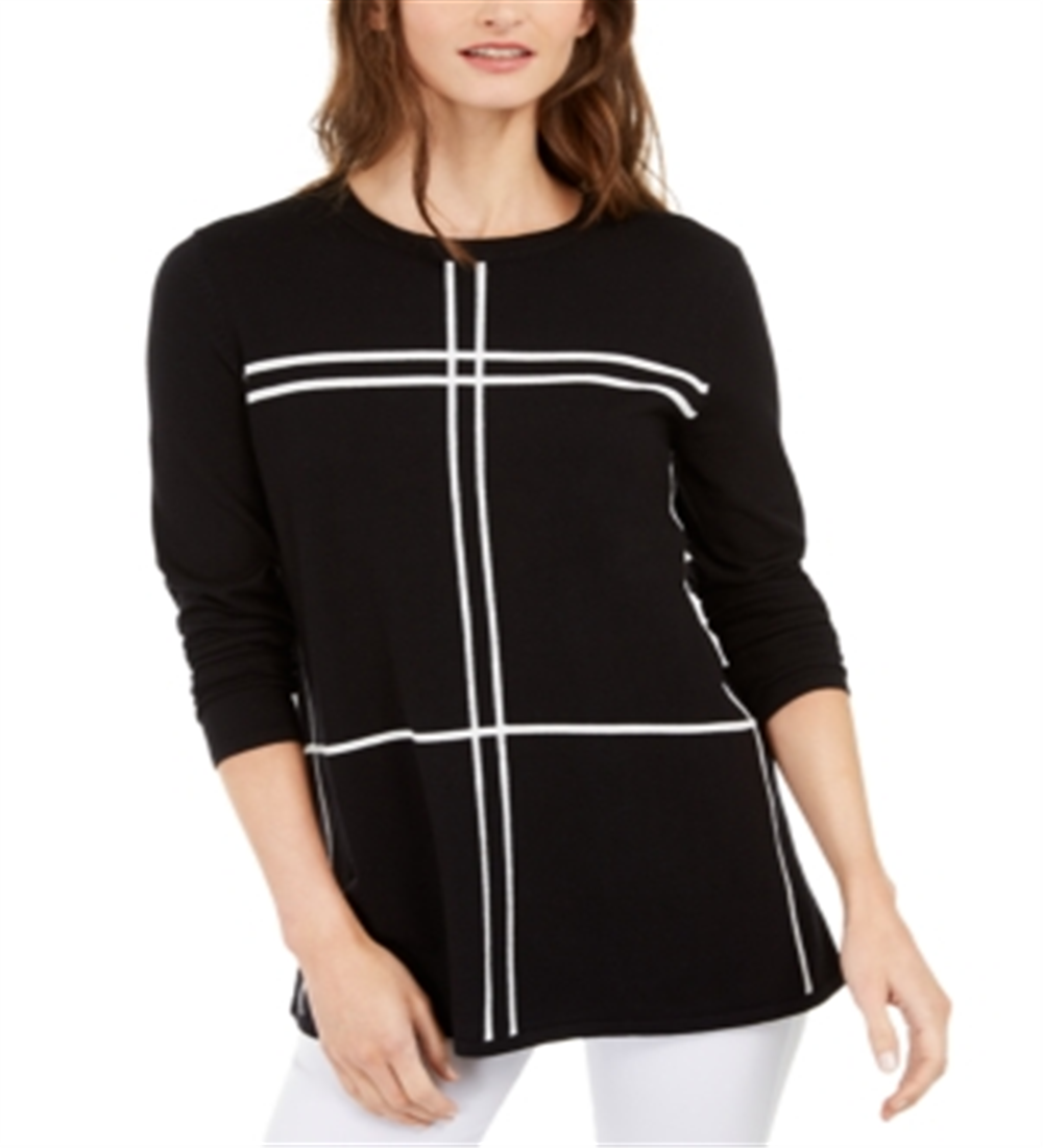 Alfani Women's Printed Long Sleeve Crew Neck Top Black Size Petite Small