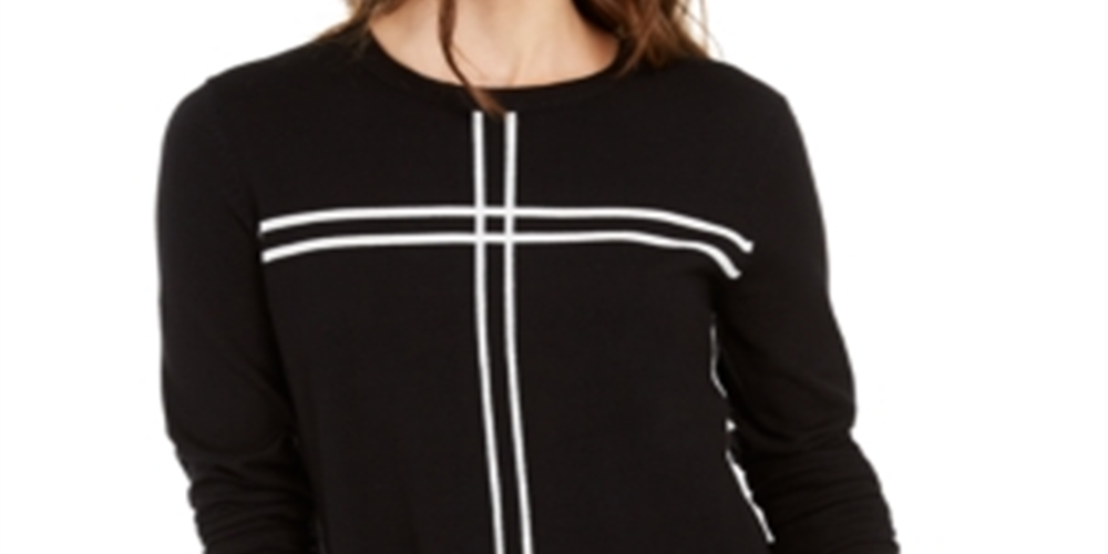 Alfani Women's Printed Long Sleeve Crew Neck Top Black Size Petite Small