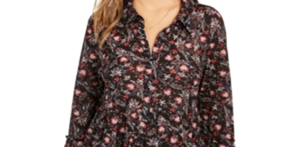 Style & Co Women's Floral Print Tiered Shirt Black Size Petite