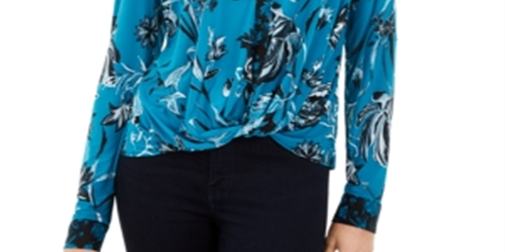 INC International Concepts Women's Printed Twist Front Top Blue Size Petite Medium