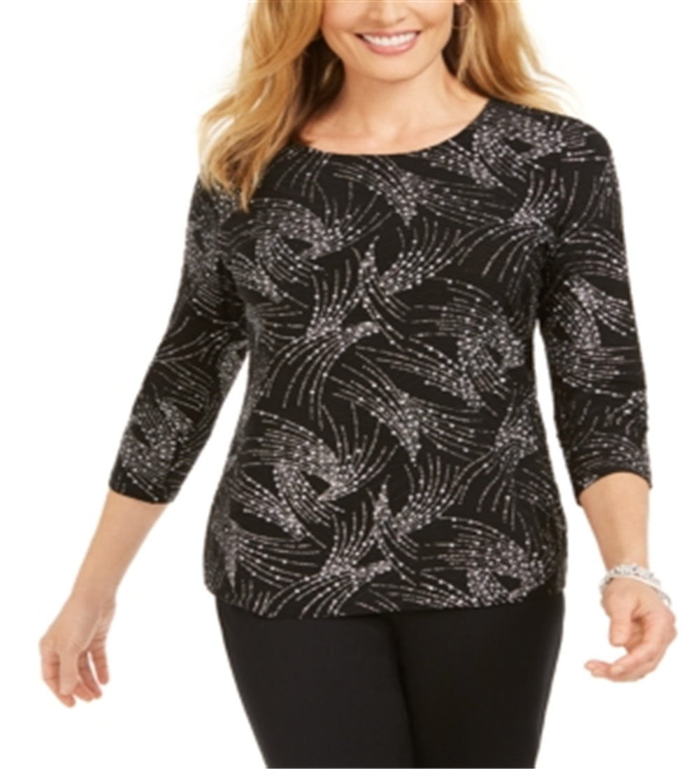 JM Collection Women's Printed Jacquard Top Black Size Small