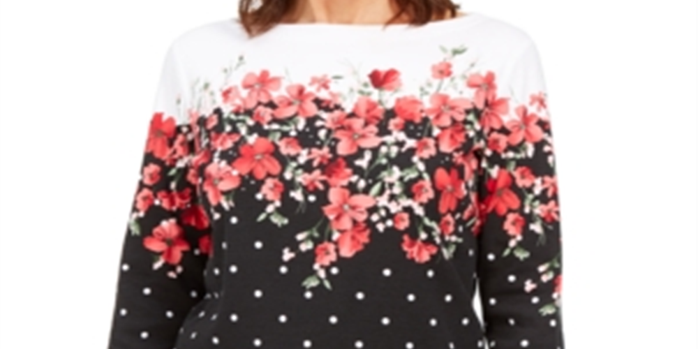 Karen Scott Women's Emily Printed Boat Neck Top Black Size X-Small