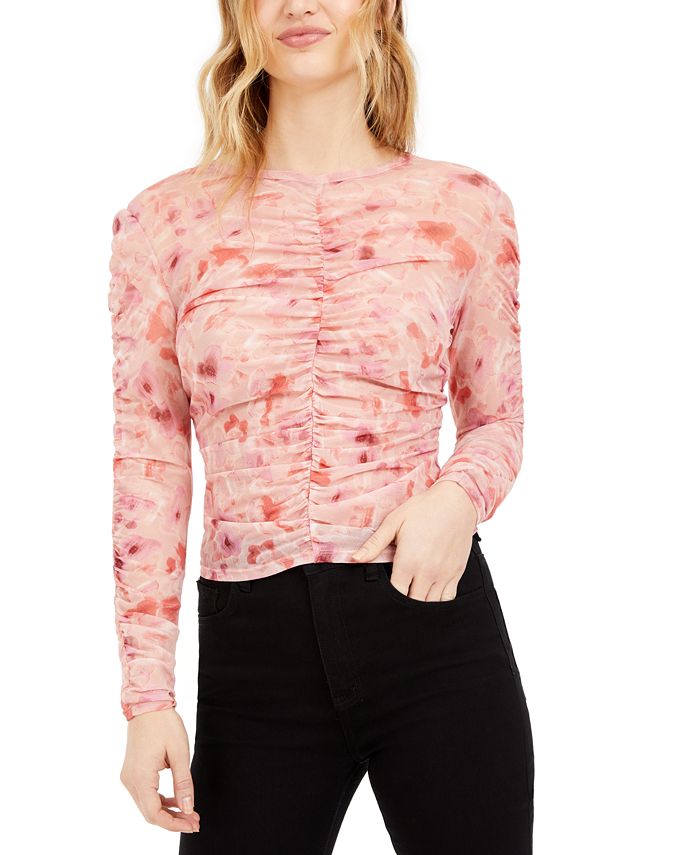 Bar III Women's Floral Print Ruched Top Pink Size 2XL