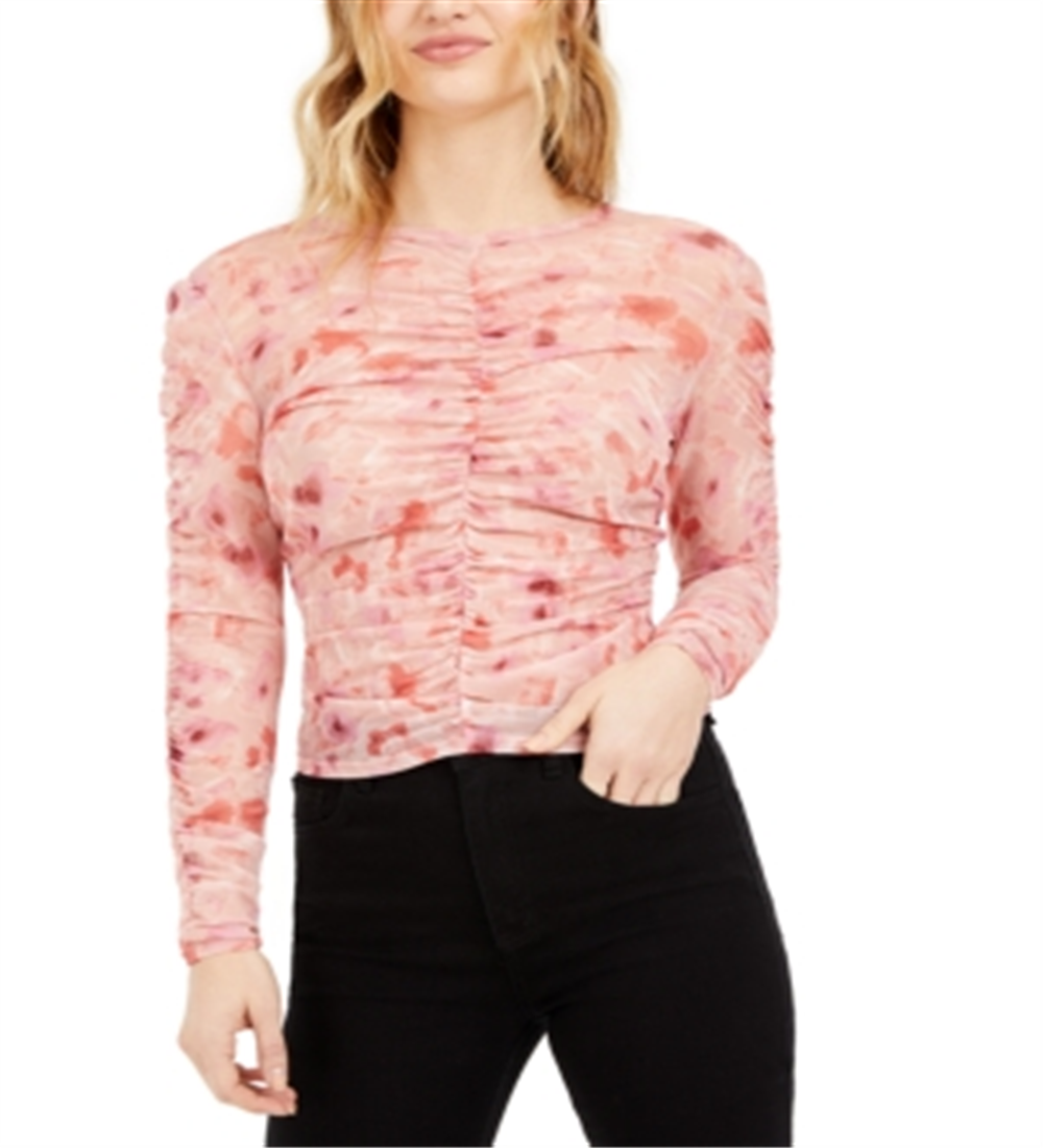 Bar III Women's Floral Print Ruched Top Pink Size 2XL