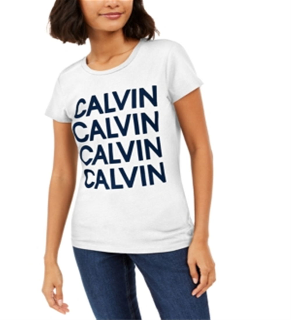 Calvin Klein Women's Flocked Stacked Logo Tee White Size X-Large