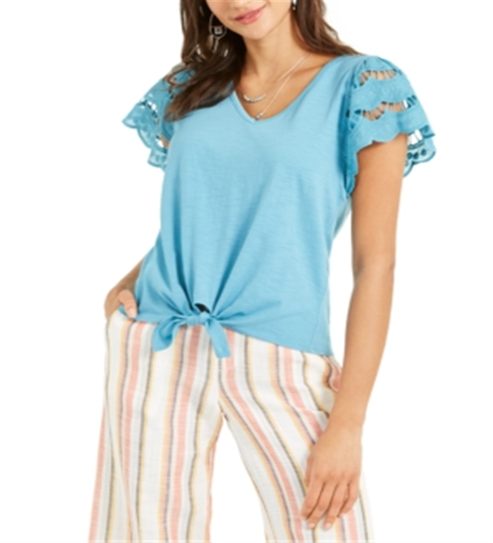 Style & Co Women's Eyelet Sleeve Tie Front Top Blue Size Large
