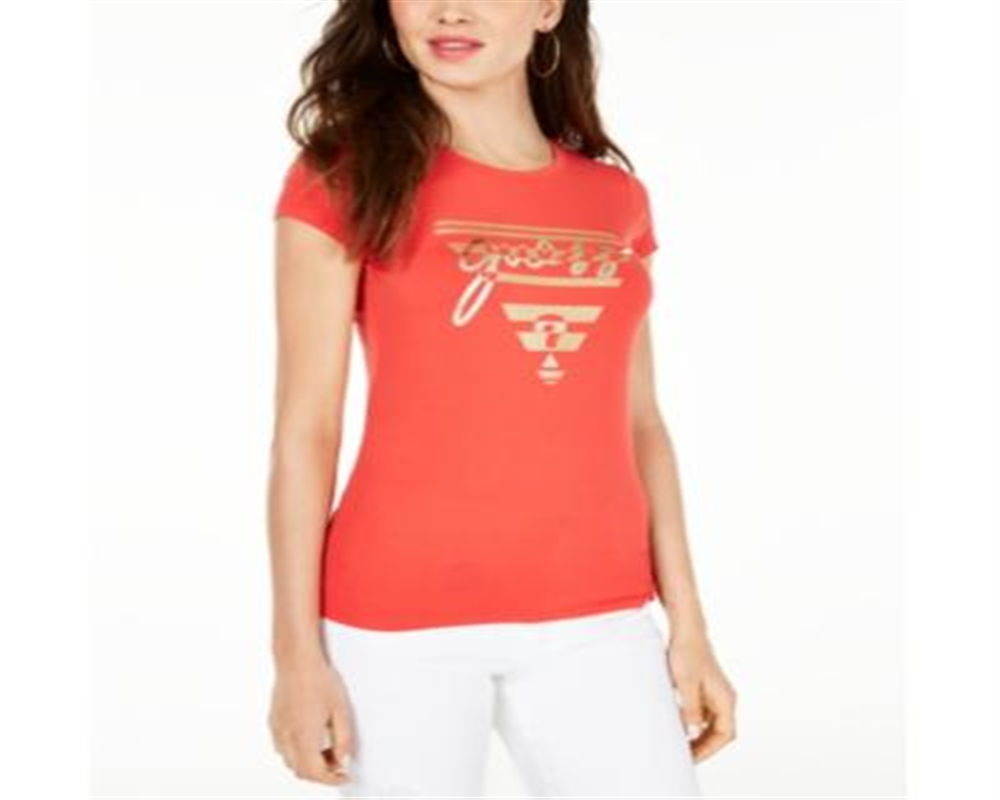 Guess Women's Crew Neck Metallic Graphic T-Shirt Orange Size Large