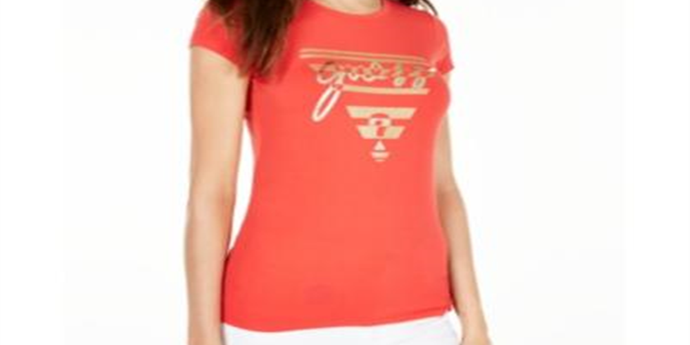Guess Women's Crew Neck Metallic Graphic T-Shirt Orange Size Large