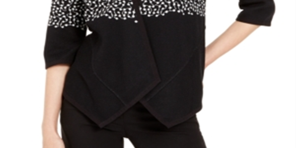 Alfani Women's Printed Asymmetric Open Front Cardigan Black Size Petite